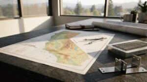 California topographical map on a dark stone desk alongside a drafting compass, metallic vent screen sample, steel brackets, and rolled blueprints