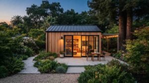 Modern wooden accessory dwelling unit (ADU) in a lush backyard featuring vertical wood siding, a black metal gabled roof, large glass sliding doors, and a patio at dusk