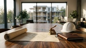 Dark wooden conference table featuring a rolled architectural floor plan, a brass embosser seal, a white hard hat, a pen, and a leather notebook with a building under construction visible through large windows.