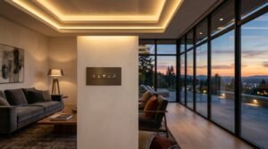 Modern smart home wall keypad controller on a partition wall in a luxury living room with warm tray ceiling cove lighting and panoramic sunset views through floor-to-ceiling windows
