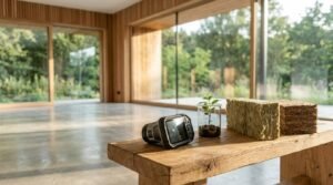 Wooden bench inside a modern passive house featuring a thermal imaging camera, a small plant in a beaker, and insulation material samples against a backdrop of polished concrete floors and large glass windows.