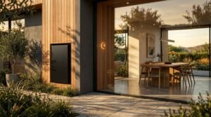 Sleek black home solar battery storage system mounted on a wood-paneled exterior wall beside an illuminated modern dining room