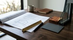 Open architectural cross-section blueprints on a wooden desk with a triangular scale ruler, pen, double-pane window glass sample, wood block, and metal swatch