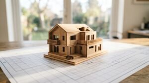 A detailed wooden architectural scale model of a modern multi-story home resting on grid blueprint drawings on a sunlit table
