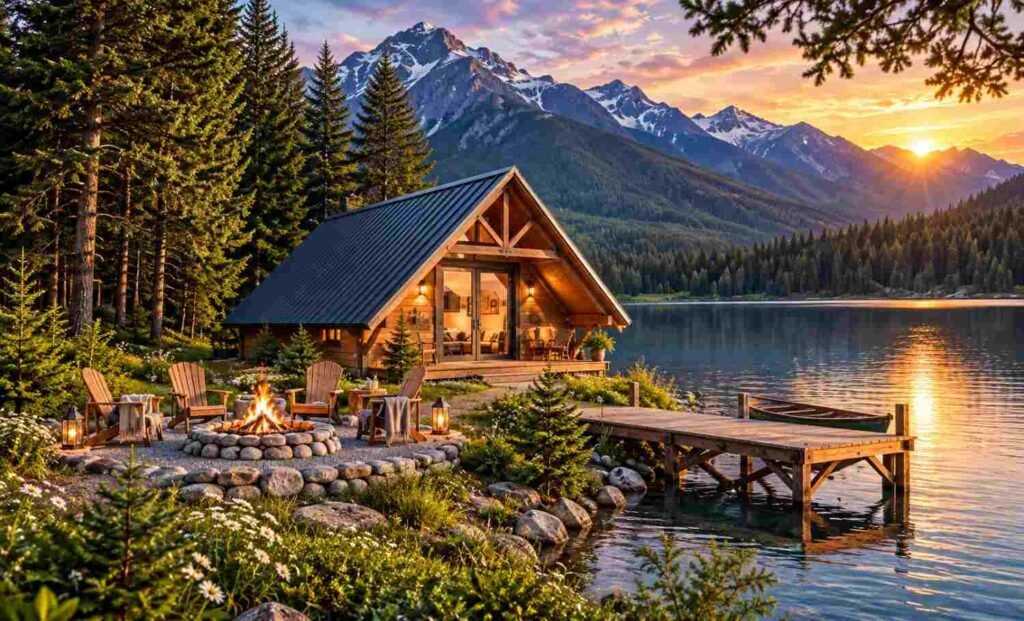 Rustic tiny cabin beside a peaceful mountain lake, surrounded by evergreen trees, a stone fire pit, wooden dock, and snow-capped mountains at sunset.