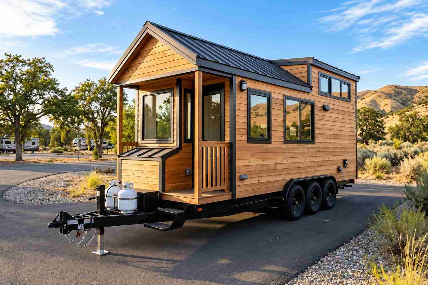 Modern wood-clad tiny house on wheels with a covered porch, black metal roof, large windows, and triple-axle trailer parked in a scenic mountain landscape.