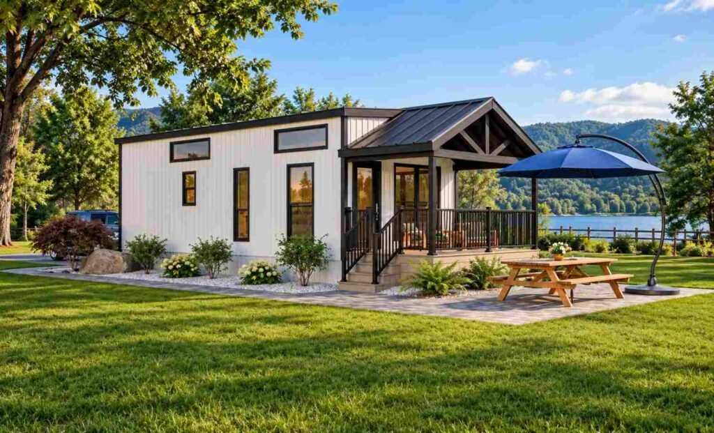 Modern tiny home with white siding, black metal roof, covered porch, landscaped lawn, picnic table, and lake and mountain views.