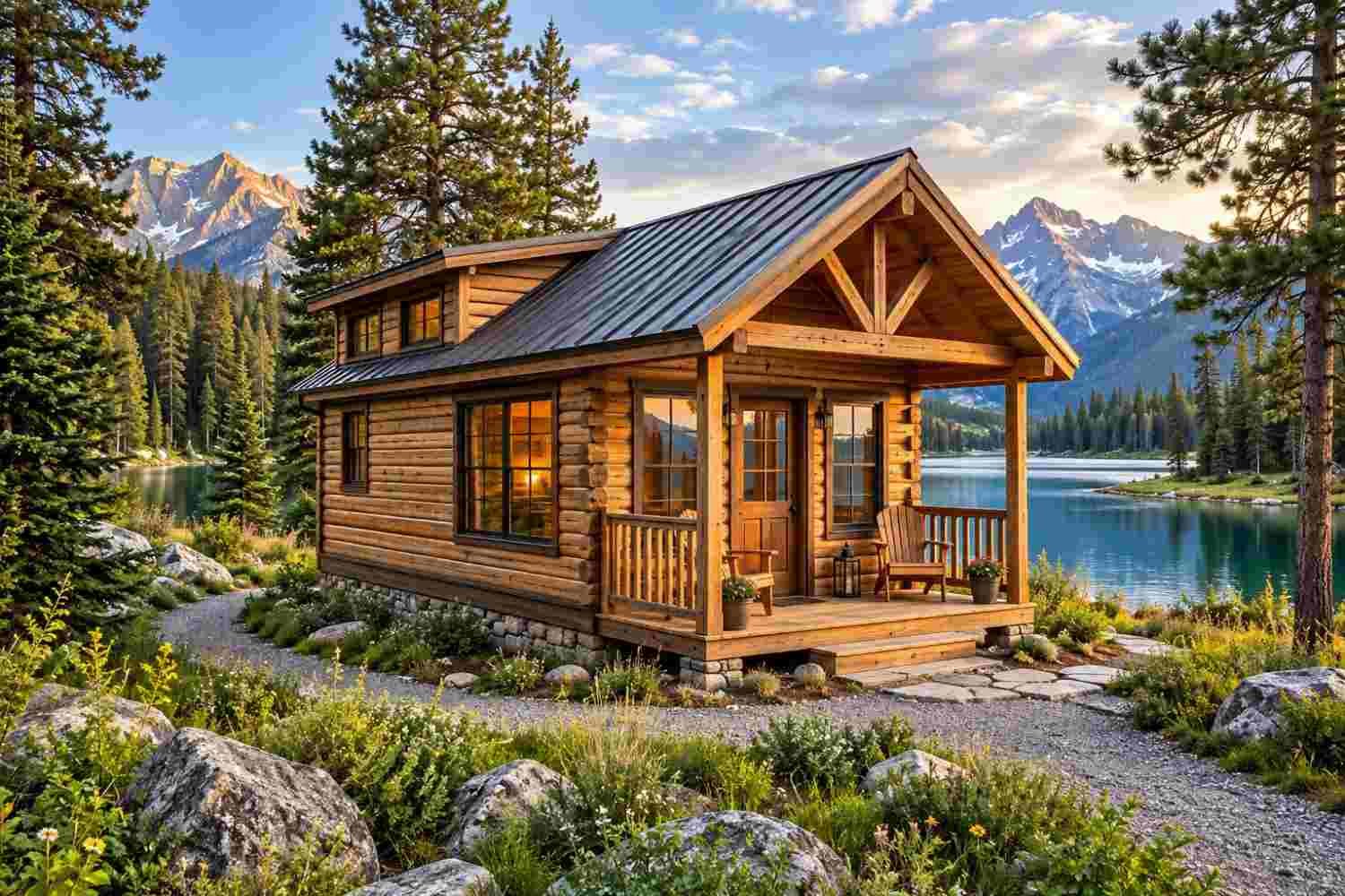 Rustic log cabin with a covered wooden porch beside a scenic lake, surrounded by pine trees and dramatic mountain views.