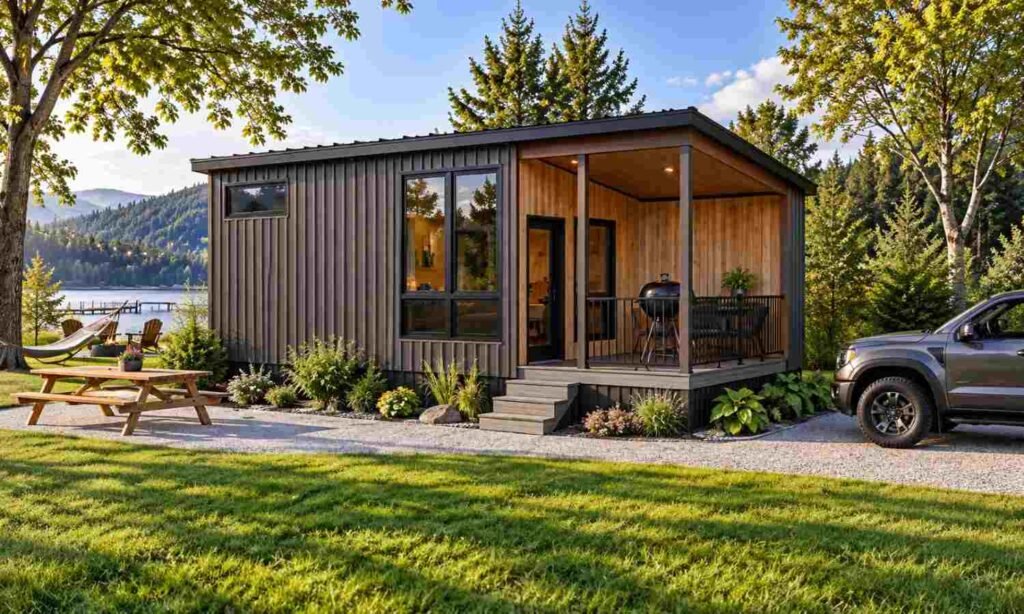Modern tiny home with dark siding, covered wooden porch, landscaped yard, picnic table, and scenic lake and mountain views.