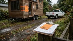 Code violation notice and citation clipboard posted in front of an unpermitted tiny house on wheels with warning tape