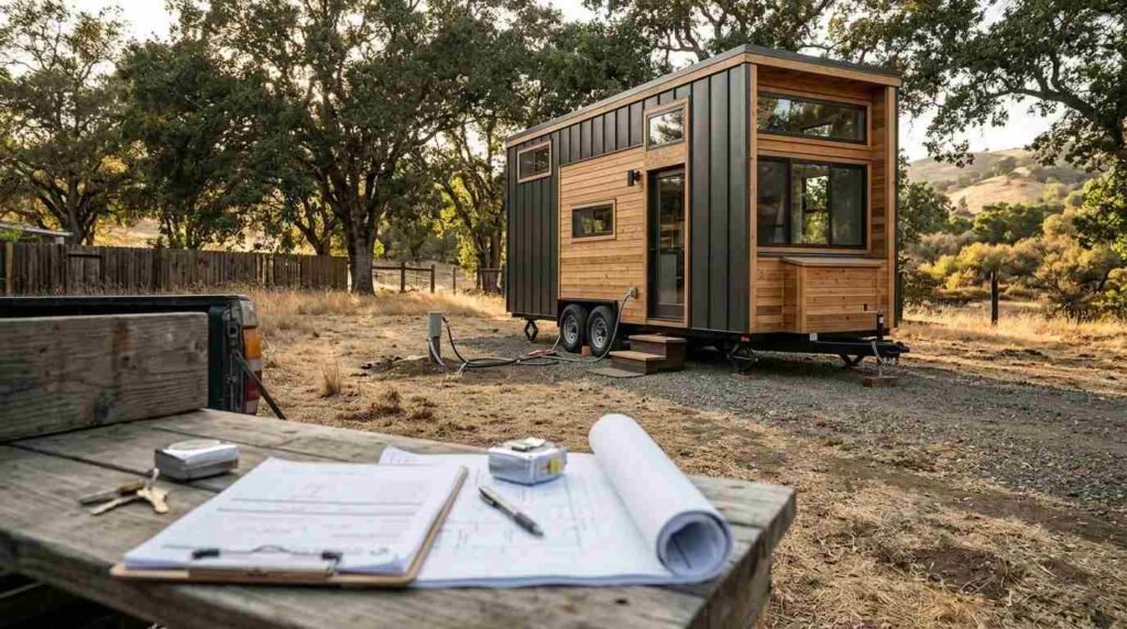Contractor site plans, clipboard, and keys on wooden bench overlooking a modern tiny house on wheels connected to utility hookups