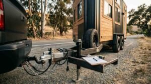 Safety chains, ball hitch coupler, and inspection clipboard on trailer tongue hitching tiny house on wheels to truck