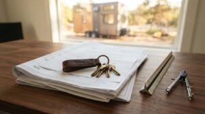 Stack of architectural blueprint construction plans topped with a ring of brass keys on a stitched leather fob, positioned alongside an aluminum triangular architect scale ruler and drafting compass on a walnut desk, framing a view of a tiny house parked outside the window