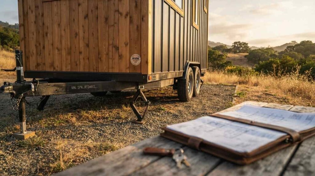 Low-angle shot of an RVIA-certified modern tiny house on a dual-axle trailer parked on a gravel pad in rolling hills at golden hour, with an open leather-bound blueprint plan and brass keys on a wooden picnic table in the foreground
