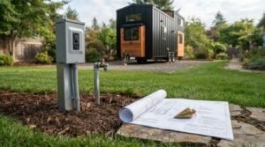 Outdoor utility hookup station with a grey RV electrical pedestal and galvanized hose spigot next to rolled site utility blueprints weighed down by a brass plumb bob on a stone border, overlooking a modern tiny house on wheels parked on a gravel pad in a residential backyard