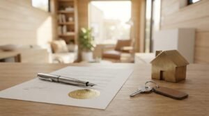 Signed real estate closing contract with an embossed gold foil seal and an uncapped silver fountain pen on a natural oak desk, resting beside a solid brass miniature house figurine and house keys with a leather fob, overlooking a bright contemporary tiny house interior