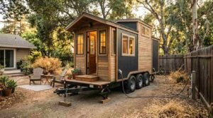 Triple-axle moveable tiny house on wheels parked in backyard with electric hookup and leveling jacks