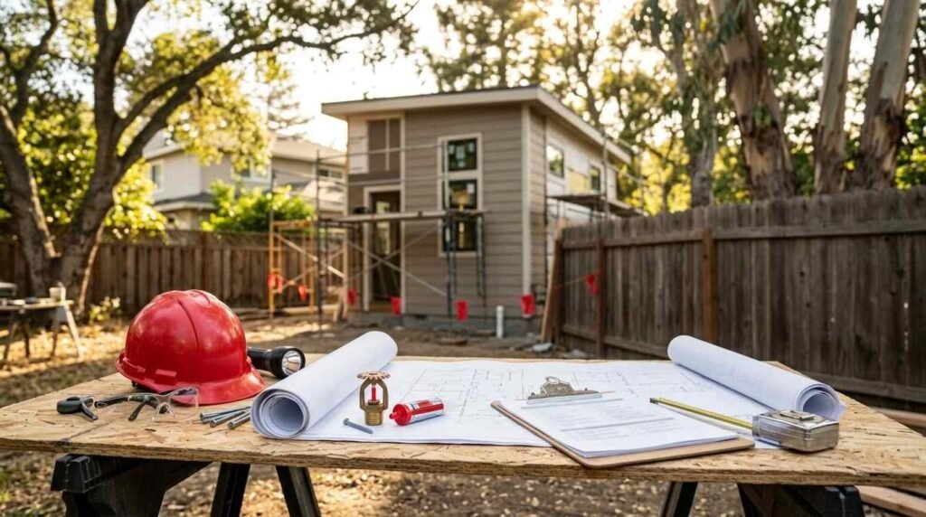 Red safety hard hat, fire sprinkler head, and inspection blueprints on jobsite table in front of ADU construction