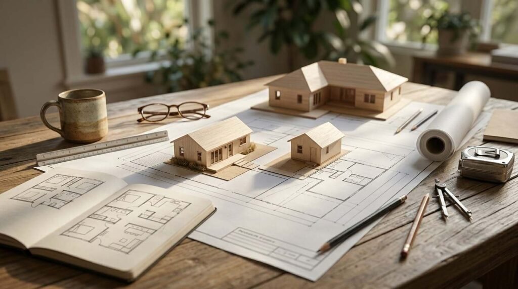 Miniature wooden architectural models of a main house, cottage, and ADU guest house on blueprint plans
