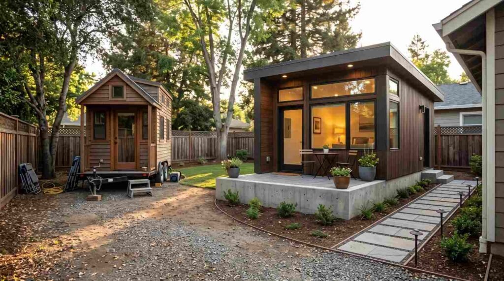 Modern permanent backyard ADU on concrete foundation next to a moveable tiny house on wheels