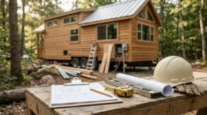 Architectural blueprints, inspection clipboard, measuring tools, and a hard hat on a wooden job site workbench in front of a newly constructed park model home under forest canopy.