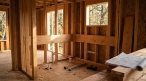 Interior framing stage of a park model home bathroom showing reinforced horizontal blocking across the stud walls for future grab bar and fixture installation. Features rough-in plumbing stub-outs extending through the subfloor and wall cavity, wide open doorway framing for universal access, a level, measuring tape, drill, and rolled architectural blueprints resting on a stack of framing lumber in the foreground.