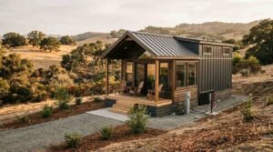 Modern wood-and-dark-metal park model cabin with a pitched metal roof, horizontal skirting, and a covered front porch with Adirondack chairs, installed on a gravel pad with utility hookups overlooking golden rolling hills and scattered oaks.