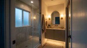 An interior perspective of an upscale, modern park model bathroom illuminated with warm ambient lighting. Features a floating taupe dual-door vanity with under-cabinet toe-kick lighting, brass wall-mounted faucets, an arched mirror flanked by warm wall sconces, a small potted succulent, and a woven floor rug. To the left, a spacious walk-in tiled shower is enclosed with a clear glass door and features a frosted privacy window allowing natural daylight into the stall.