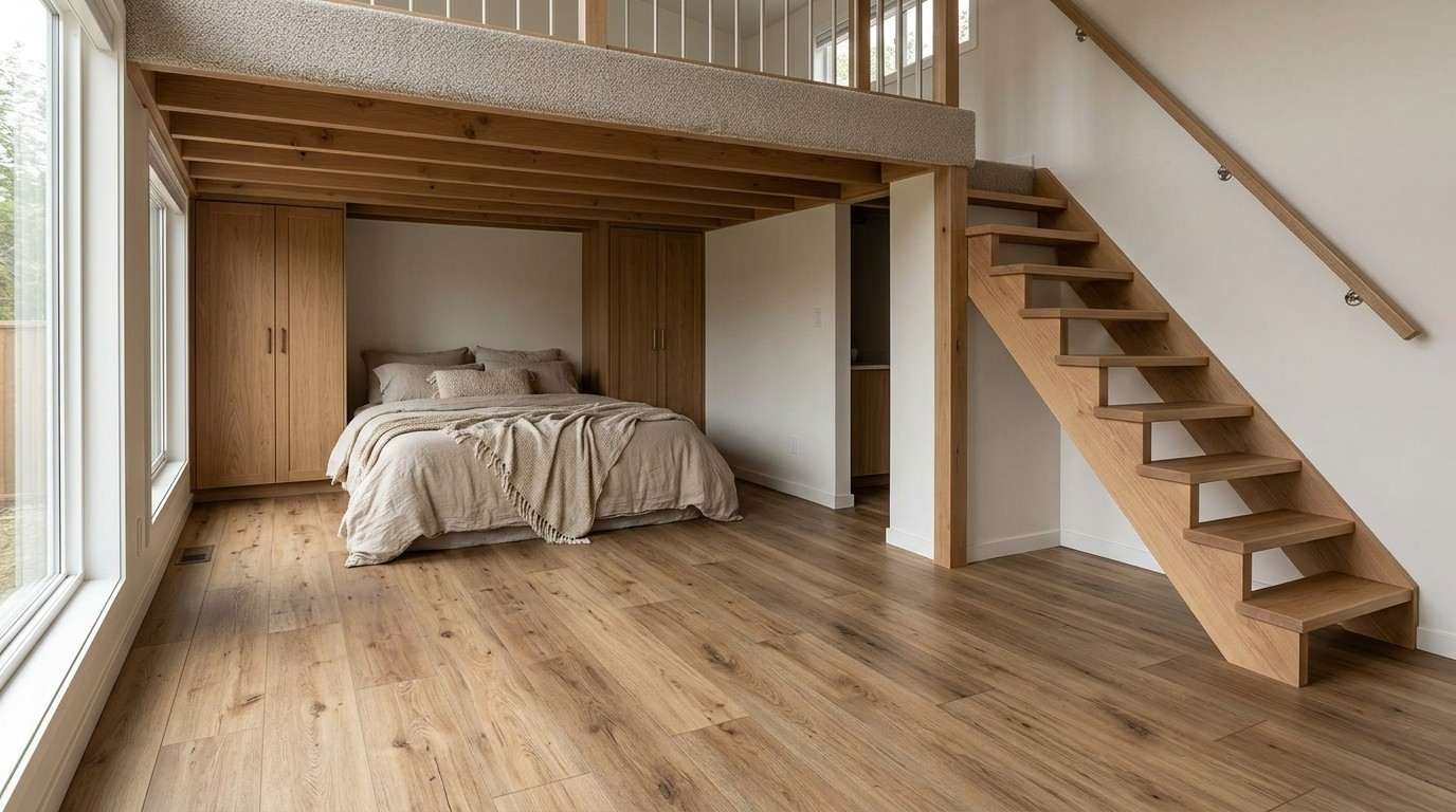 Modern loft bedroom with warm natural wood plank flooring, a raised sleeping area, built-in wooden wardrobes, an open staircase, and large windows that brighten the compact living space.