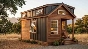 A modern wood-and-standing-seam park model cabin showcasing a variety of window styles: awning windows propped open along the upper clerestory and side wall, a white single-hung window with colonial grids on the front facade, a fixed transom window above the entrance, and an integrated porch with Adirondack chairs set in a golden meadow.