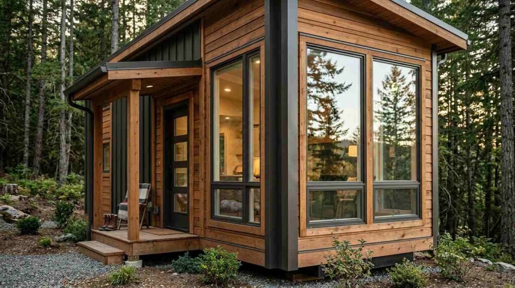 Modern wood-and-black trimmed park model home featuring large energy-efficient picture windows, casement sashes, and a full-lite glass entry door opening onto a covered timber front porch in an evergreen pine forest.