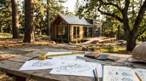 Architectural elevations, site layout sketches, an illustrated notebook, measuring tools, material swatches, house keys, and a hard hat arranged across a rustic picnic table overlooking a modern park model cabin nestled in a mature pine and oak grove.