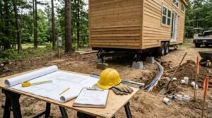 Architectural blueprints, permit documents on a clipboard, a yellow hard hat, and work tools arranged on a wooden sawhorses table at an active installation site, showing a tiny home on wheels supported by leveling blocks beside utility trenches.
