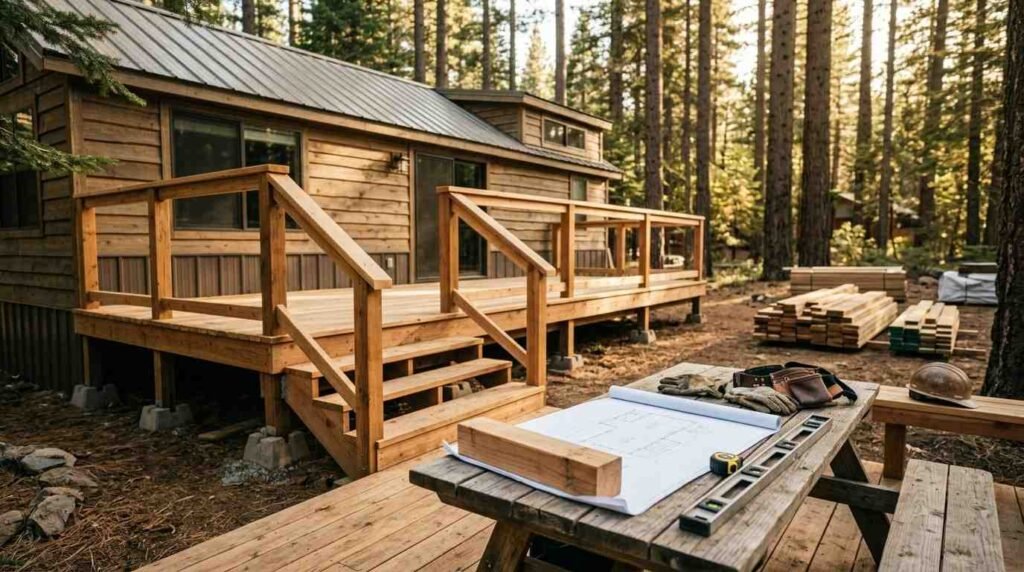 Newly constructed freestanding wooden deck with steps, handrails, and balusters adjoining a wood-sided park model home set on concrete deck blocks, with deck construction blueprints, a spirit level, measuring tape, tool pouch, work gloves, and a hard hat arranged on a foreground wooden picnic table alongside stacks of lumber in a forest clearing.