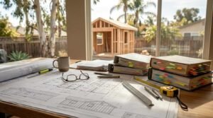 California building code reference books and architectural ADU blueprints on desk facing framed backyard cottage