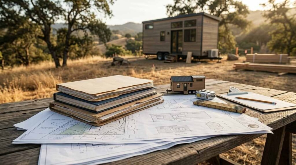California zoning law code books, permit blueprints, and miniature tiny home model on rustic table overlooking moveable tiny house