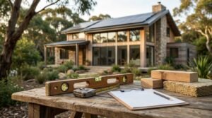 Building inspection clipboard, spirit level, and eco-friendly construction materials overlooking a certified solar-powered green home 