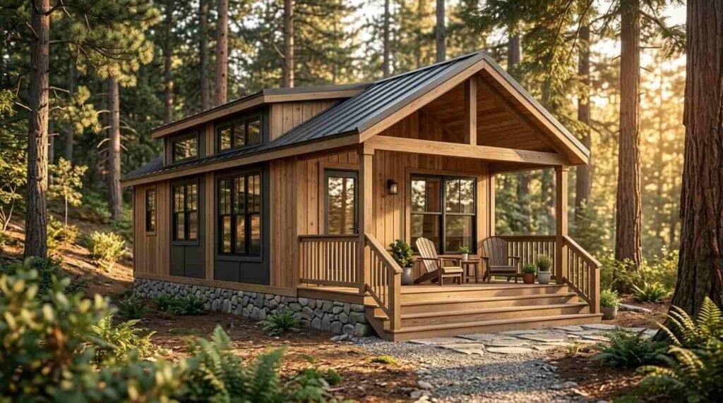 Modern wood-sided park model home with a pitched metal roof, stone-finish skirting, and an integrated covered front porch featuring Adirondack chairs nestled in a sunlit pine forest setting.