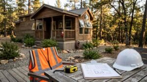 Construction safety vest, white hard hat, and inspection checklist on patio table overlooking park model tiny cabin in woods