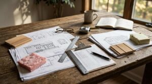 Architectural plans of tiny home models alongside wood samples, insulation cutouts, a specification checklist on a clipboard, and drafting tools set on a wooden worktable.