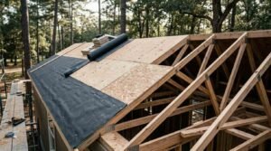 Elevated cutaway construction view showing the layered anatomy of a park model home gable roof. The progression reveals engineered wood roof trusses secured with metal gang-nail plates, OSB and plywood roof decking sheathing, and a rolled-out layer of black roofing felt underlayment secured with fasteners, accompanied by staging scaffolding, a pneumatic nail gun, tape, and wood shims.