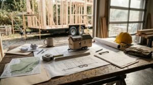 Miniature tiny house on trailer model and site blueprints on workshop table overlooking framed tiny home build