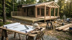 Active construction site featuring a sawhorse workbench in the foreground equipped with blueprints, a spirit level, safety glasses, a hard hat, measuring tape, and a tool belt, set before a park model home undergoing framing of an attached covered timber deck and porch addition with lumber stacks, sawhorses, and a miter saw station in a wooded setting.