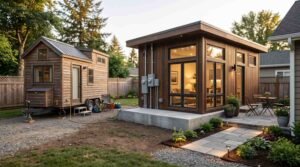 Modern backyard ADU with exterior electric meters beside a moveable tiny home on a trailer