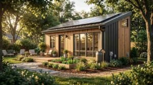 Eco-friendly backyard ADU with rooftop solar panels, rainwater barrel, raised garden bed, and wood deck