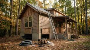 Pipe insulation foam, tool bag, and ladder outside a park model cabin undergoing seasonal winterization maintenance in autumn woods