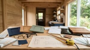 Interior design material selection display laid out on an architect's worktable inside a modern wood-paneled park model cabin. The layout features cabinet door style samples in navy blue, natural wood, and sage green, marble and granite countertop slabs, butcher block samples, cabinet pull hardware in brass and matte black, fabric swatches, tile samples, fan decks of paint chips, a yellow tape measure, pencils, and drafting blueprints for kitchen cabinetry.