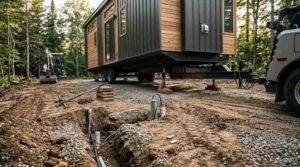 Delivery truck maneuvering a modern park model tiny home onto a prepared gravel pad, with underground utility trenches in the foreground and an excavator visible in the background.