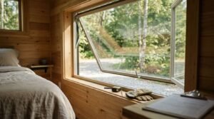 Open awning egress window beside tiny house bedroom with tape measure, work gloves, and building inspection clipboard