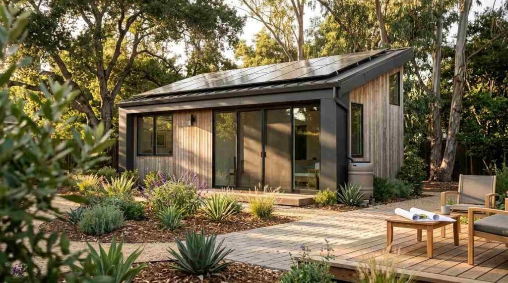 Eco-friendly modern ADU featuring rooftop solar panels, rainwater collection barrel, wood decking, and drought-tolerant landscaping